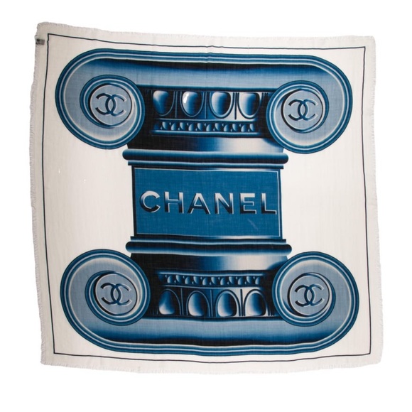 Chanel Cashmere Interlocking CC Logo Authentic Lge Scarf Blue White Wrap Printed - Picture 2 of 4